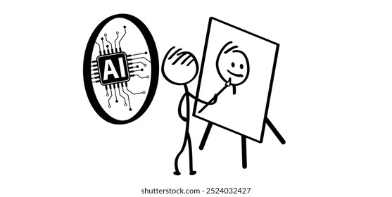 Cartoon mascotte, and self-portrait and easel with Artificial intelligence AI pictogram. Drawing, paint and ai generated and circuit board. Search, explore tools. Search pictogram or logo. Motherboard