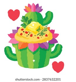 Cartoon mashed potatoes. Vector mashed potatoes. Green cactus planter pot filled with delicious
buttery mashed potatoes on a white background.