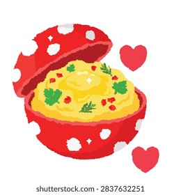 Cartoon mashed potatoes. Vector mashed potatoes. Red polka dot pot filled with delicious buttery
mashed potatoes topped with fresh chives on a white background.