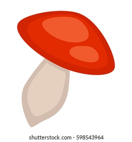 Cartoon mashroom with red hat isolated on white background. Poisonous mashroom vector illustration. Wild spore plant that grows all over world. Dangerous forest fungus, that can do serious harm.