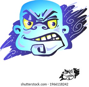 
Máscara de caricatura de una cara malvada con ojos abultados, sonrisa.