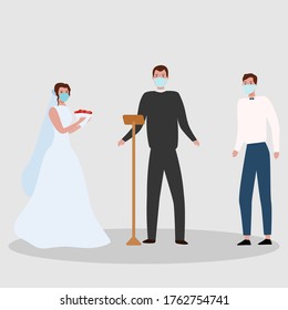 
Cartoon masked bride, groom and priest at a wedding.
flat vector illustration Romantic concept of a wedding during a pandemic. medical mask at the event. Wedding dress, flowers and chair.