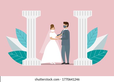 Cartoon masked bride, groom at a wedding. flat vector illustration Romantic concept of a wedding during a pandemic. medical mask at the event. Wedding dress, flowers and chair. eps10