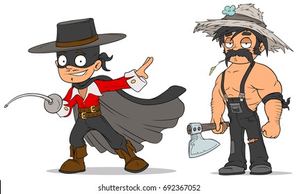 Cartoon masked hero with sword and strong farmer with axe characters vector set