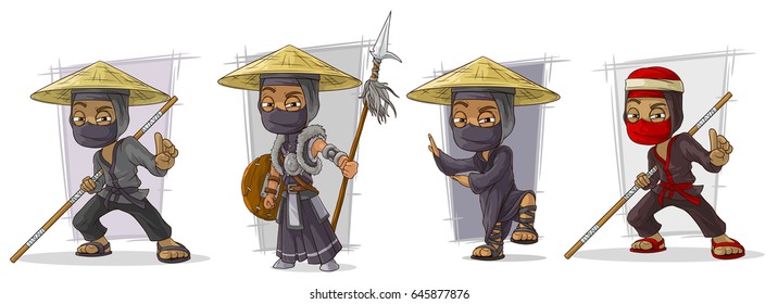 Caricatura enmascarada de guerreros ninja en sombrero con conjunto vectorial de caracteres lanza