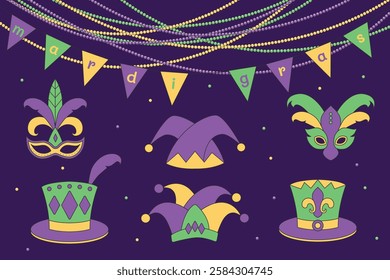 Cartoon masks and hats for Mardi Gras party theme. un and festive Mardi Gras hats clipart with colorful designs