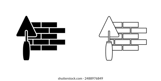 Cartoon masonry trowel, hand trowel for brickwork. Brick laying, brick wall and trowels. Construction vector icon or logo. Set of bricklayer and stucco trowels. Cement trowel, plastering trowel.