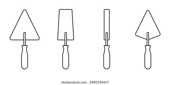 Cartoon masonry trowel, hand trowel for brickwork. Brick laying, brick wall and trowels. Construction vector icon or logo. Set of bricklayer and stucco trowels. Cement trowel, plastering trowel.