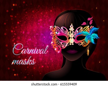Cartoon masquerade party template with lady silhouette in carnival mask on light starry magic background vector illustration
