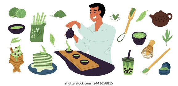 Cartoon matcha elements. Tea ceremony. Man pours hot drink into cups. Green powder. Japanese product. Desserts ingredient. Ceramic teapot and mug. Oriental beverage