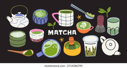 Cartoon matcha chá verde elementos definidos para cerimônia de chá japonesa, adesivos, patches, rótulos. Bebida saudável fresca, várias xícaras de cerâmica, bule de chá, matcha latte. Ilustração vetorial