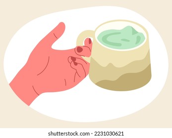 Caricatura matcha taza de té verde. Mano sosteniendo la taza de té verde caliente, bebida caliente matcha aislado cartográfico plano ilustración vectorial sobre fondo blanco