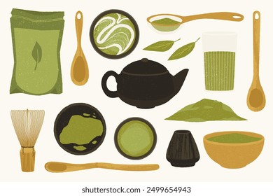 Cartoon matcha. Green tea powder in ceramic bowl, traditional japanese tea ceremony concept with teapot, matcha leaves and whisk. Vector isolated set.