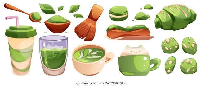 Cartoon matcha set - vibrant green tea products including latte cup, powder bowl with whisk, macarons, cookies and traditional accessories. Japanese beverage ingredients for cafe menu or Asian dessert