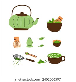 Cartoon matcha tea set of matcha powder and teapot, wisk, bowl and leaves. Vector illustration isolated. Can used for recipe cooking book, stikers, wallpapers, tea labels, wrapping design. 