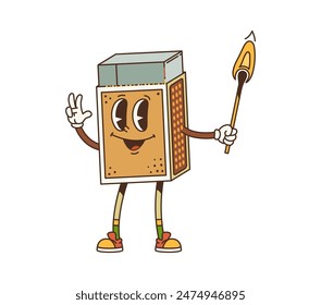 Cartoon matchbox retro groovy travel camp and tourism character. Isolated vector box personage with friendly face expression, holding a matchstick and flashing a peace sign, evoking a playful vibe