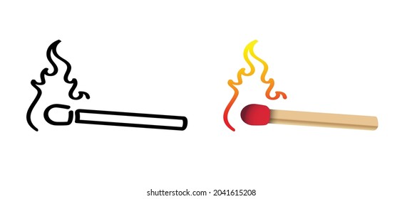 Cartoon matches , matchstick with  fire or flame logo. Burning fire or flame pictogram. Match lighted icon or sign. Flat vector.