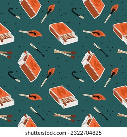 Cartoon matchsticks seamless pattern. Open matchboxes with labels. Burning and charred sticks. Repeated print. Fading straw. Match sulphur head. Cardboard box. Garish