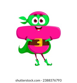 cartoon math division sign number superhero character. Cute funny mathematics symbol with big eyes and happy smile. Isolated vector arithmetic sign for use in educational, and mathematical contexts