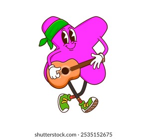 Caricatura de multiplicación de matemáticas signo de carácter groovy con bandana y zapatillas de deporte jugando en la guitarra. Personaje divertido del símbolo de la cruz del Vector aislado con la cara sonriente, los ojos redondos, y una sonrisa traviesa