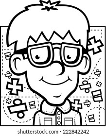 A cartoon math nerd happy and smiling.