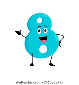 Cartoon math number 8 eight, cute funny character for kids mathematics or birthday, vector icon. Happy smiling 8 eight number with face for algebra education or arithmetic emoticon and numeric emoji