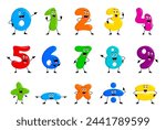 Cartoon math number characters and funny mathematics symbols vector personages. Cute color numbers and arithmetic signs with happy faces and smiles. Kids education math comic emoticons