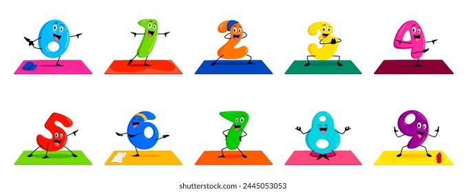 Personajes de números de matemáticas de dibujos animados en yoga fitness sport, Vector números divertidos. Números matemáticos para niños en ejercicios de pilates o yoga fitness y meditación, números matemáticos lindos para el estudio de conteo de niños