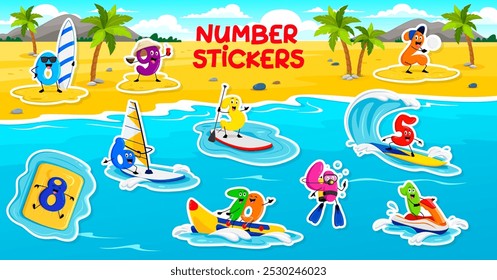 Personajes de números de matemáticas de dibujos animados en paquete de pegatinas de vacaciones de verano. Parches de Vector con números educativos personajes de aprendizaje de matemáticas disfrutando de actividades de vacaciones de verano en la playa y en el océano