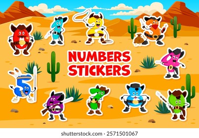 Cartoon math number cowboy and ranger, bandit and robber characters stickers pack. Vector numeral personages in desert landscape emphasize fun learning for children mathematics or arithmetic education