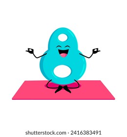 Cartoon math number eight character on yoga fitness sport. Isolated vector serene mathematical symbol 8 peacefully meditates in lotus pose on vibrant mat embracing tranquility of numerical mindfulness