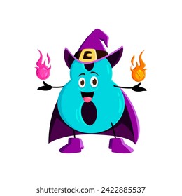 Cartoon math number eight Halloween wizard, witch and mage character. Isolated vector 8 numeric personage adorned in mystical robe, wielding a fiery flames, casting enchanting spellbinding equations