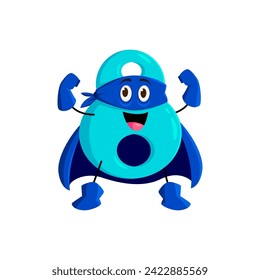 Cartoon math number eight superhero character with expressive and charming smile. Isolated vector blue colored powerful digit 8 super hero personage for children books or mathematics educational games