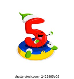 Cartoon math number five Christmas and new year character gleefully zooms down snowy hills on vacation. Isolated vector personage sporting a festive hat, spreading joy with every downhill adventure