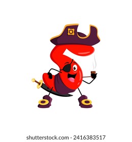 Cartoon math number five pirate captain corsair sailor character. Isolated vector swashbuckling numeral 5 personage sails the seas with a smoking pipe, blending arithmetic antics with seafaring charm