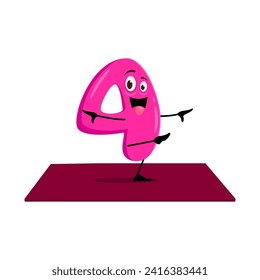 Cartoon math number four character on yoga fitness sport. Isolated vector cheerful numeric mathematical 4 personage demonstrating asana poses, making learning arithmetic fun and engaging for children