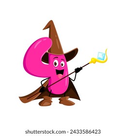 Cartoon math number four Halloween wizard, witch and mage character. Isolated vector numeric 4 whimsical charming personage, wields a mystical staff. Digit cloaked in robe, casts mathematical spells