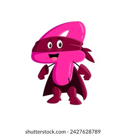 Cartoon math number four superhero character. Isolated vector playful and charming 4 figure. Mathematics numeric super hero personage with big round eyes, a cheerful smile, and iconic defender attire