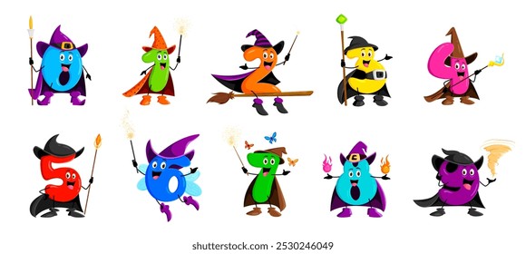 Número de matemática dos desenhos animados bruxo de Halloween, bruxa e personagens de imagens em truques ou trajes de festa. Crianças educação vetorial personagens de Halloween férias matemáticas números e dígitos com varinhas mágicas