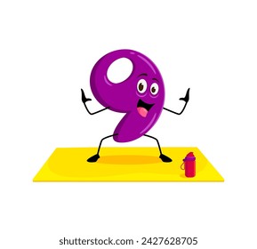 Cartoon math number nine character on yoga fitness sport. Isolated vector joyful 9 digit personage balancing on mat asana pose exude tranquility, making equations a playful and zen learning experience