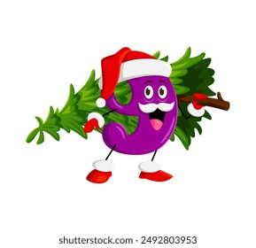 Cartoon math number nine Christmas and new year character dressed in Santa attire, carrying holiday tree. Isolated vector numerical personage blending learning and holiday cheer with playful demeanor
