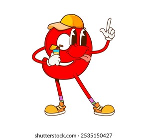 Cartoon math number nine groovy character on fitness sport. Red digit 9 personage in a sporty hat, sipping a drink and striking a fun pose, promotes themes of health, education and whimsy for children