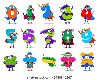 Cartoon math number nine superhero characters wear cape and mask. Isolated vector one, two, three, four or five. Six, seven, eight and zero educational digit defenders. Plus or minus school personages