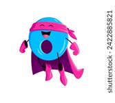 Cartoon math number null zero superhero character. Isolated vector school numeral 0 vigilante personage featuring playful smiling face and bright blue color, perfect for children educational games