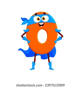 Cartoon math number null zero superhero character. Isolated vector school numeral 0 vigilante personage featuring playful smiling face and bright orange color, perfect for children educational games