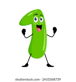 Cartoon math number one character. Isolated vector playful and charming digit 1 mathematics personage exudes confidence and positivity, showing muscles with its quirky and endearing personality