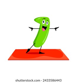 Cartoon math number one character on yoga fitness sport. Isolated vector playful digit 1 gracefully stretching its body, combining arithmetic and mindfulness in a delightful and educational practice
