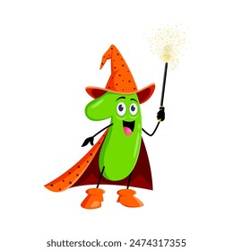 Cartoon math number one Halloween wizard, witch and mage character. Isolated vector numeric 1 whimsical personage wielding a wand, combines playful charm with educational magic with a mischievous grin