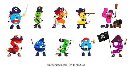 Cartoon math number pirate captain and corsair sailor characters, vector personages. Kids mathematics numbers as Caribbean pirate or buccaneer filibuster in tricorne hat with Jolly roger flag