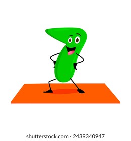 Cartoon math number seven character on yoga fitness sport. Isolated vector 7 engage in playful yogi pose, turning equations into stretches. Vibrant practice making learning enjoyable for young minds